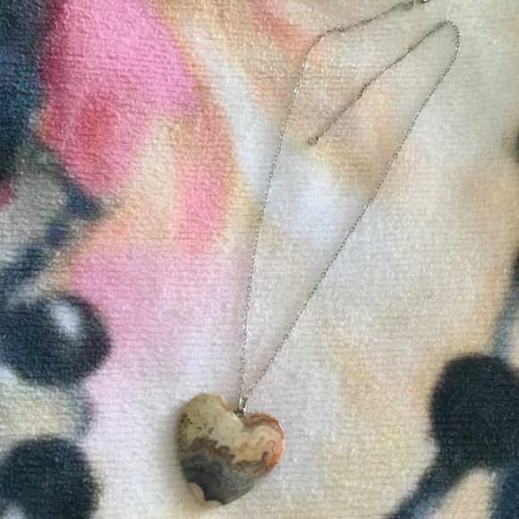 Picture Agate Gem Heart Silver Chain Necklace - Picture 5 of 6